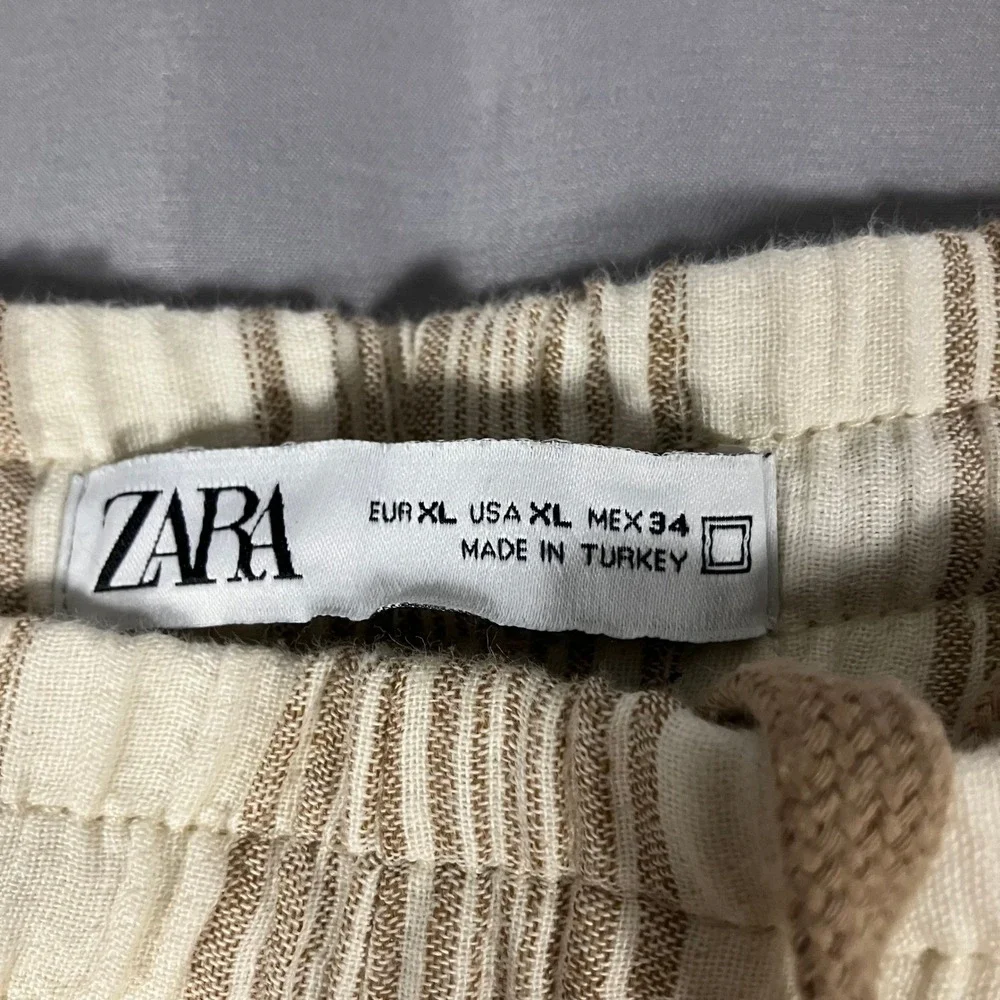 ZARA Striped Linen Womens XL‎ Blend Drawstring Waist Pants Beige Brown Casual